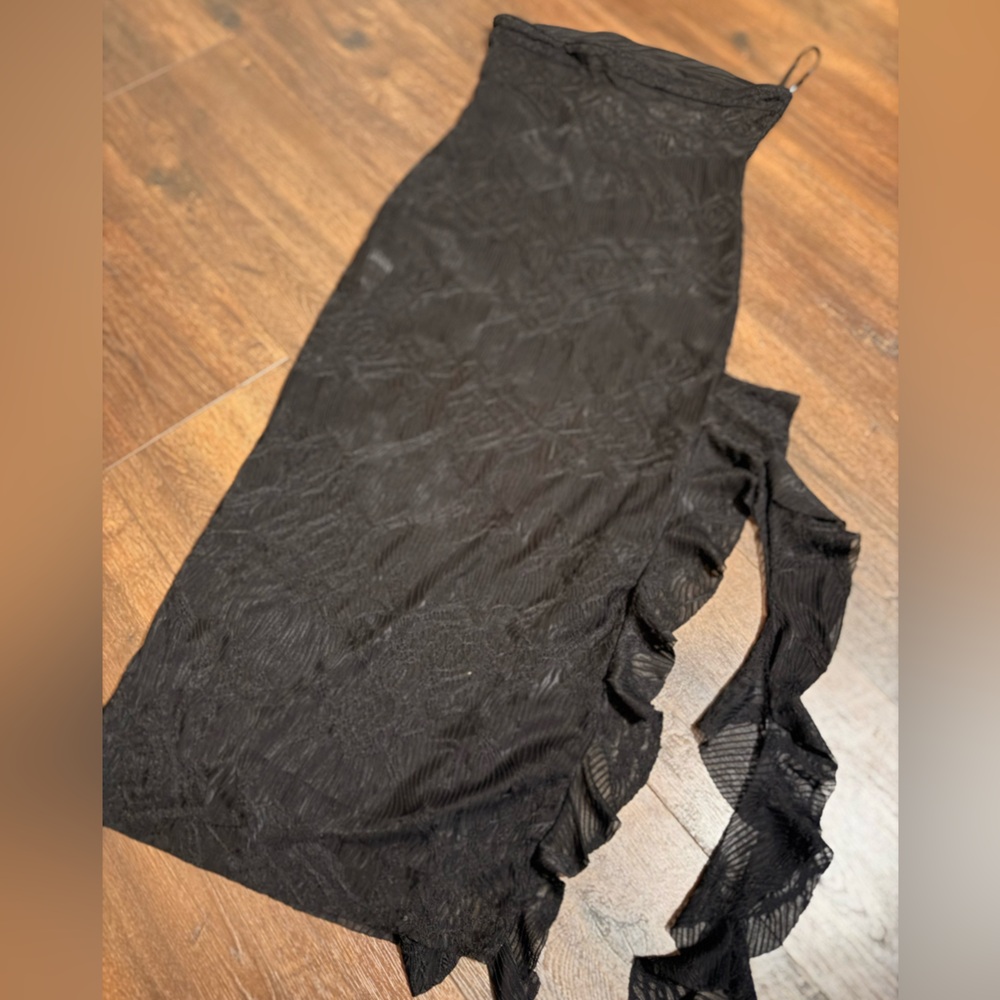 Black Strapless Lace Dress with Side Ruffles Sheer